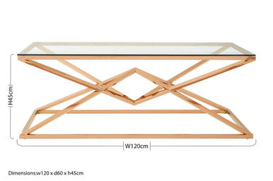Corseted Rose Gold Triangle Steel Base Coffee Table with Tempered Glass Top | Allure