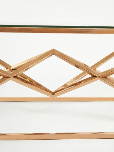 Corseted Rose Gold Triangle Steel Base Coffee Table with Tempered Glass Top | Allure