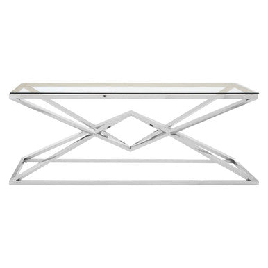 Tempered Glass Top Coffee Table with Silver Sculptural Pyramid Frame Base | Allure