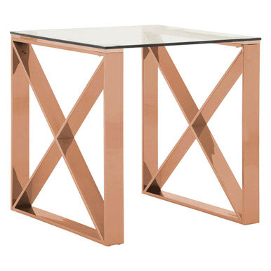 Rose Gold Stainless Steel Cross Legs End Table with Tempered Glass Top | Allure