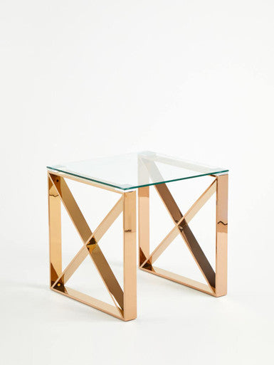 Rose Gold Stainless Steel Cross Legs End Table with Tempered Glass Top | Allure