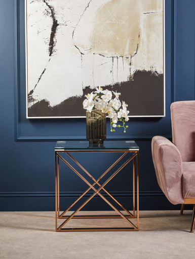 Rose Gold Stainless Steel Cross Legs End Table with Tempered Glass Top | Allure