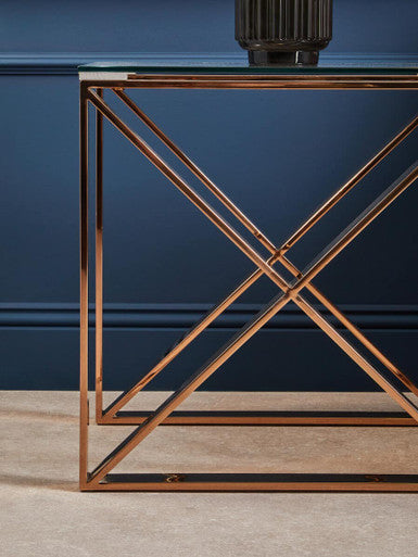 Rose Gold Stainless Steel Cross Legs End Table with Tempered Glass Top | Allure