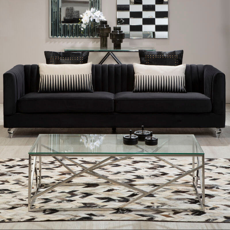 Rectangular Tempered Glass Top Coffee Table with Champagne Gold Geometric Steel Legs | Allure
