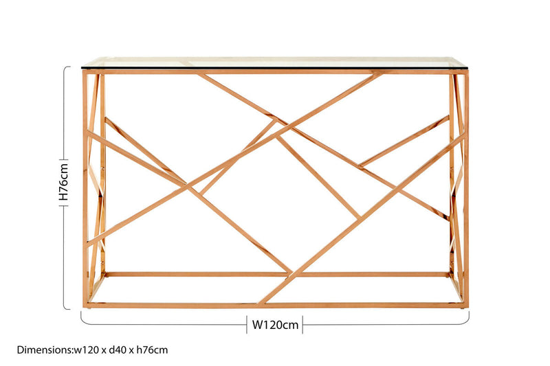 Rose Gold Stainless Steel Geometric Console Table with Tempered Glass Top | Allure