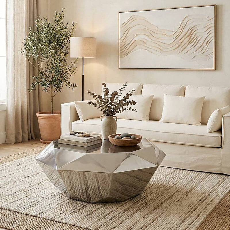 Silver Diamond Cut Stainless Steel Coffee Table with Hexagonal Tabletop | Allure