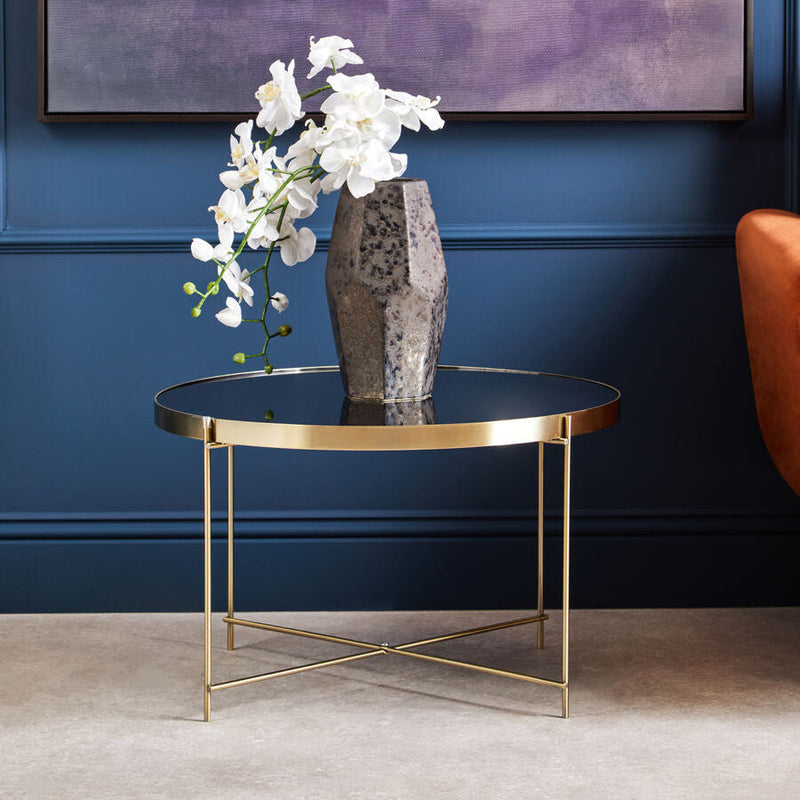 Brushed Bronze Lattice Base Large Side Table with Black Mirror Tabletop | Allure