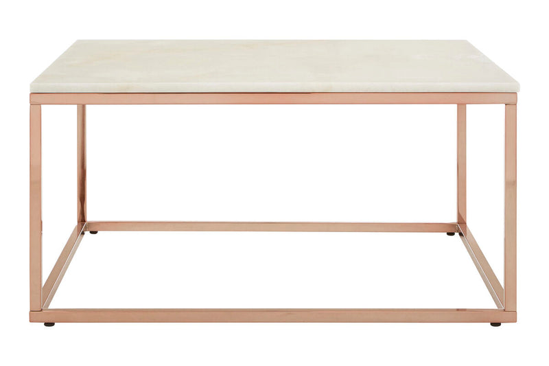 Square White Marble Top Coffee Table in Rose Gold Finish Stainless Steel Legs | Allure