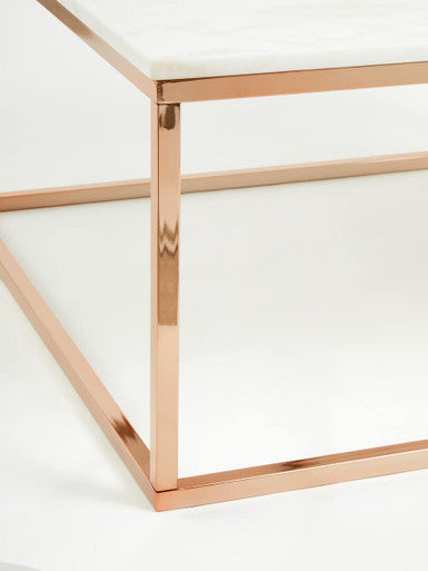 Square White Marble Top Coffee Table in Rose Gold Finish Stainless Steel Legs | Allure