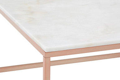 Square White Marble Top Coffee Table in Rose Gold Finish Stainless Steel Legs | Allure