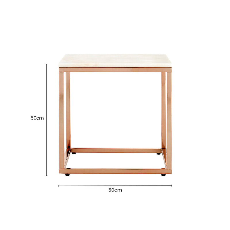 Square White Marble Top End Table with Rose Gold Metal Frame | Allure