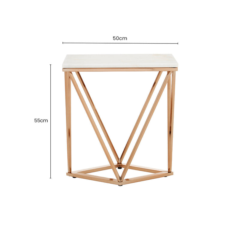 White Marble Champagne Rectangular End Table with Rose Gold Metal Frame | Allure