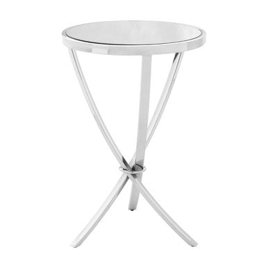 Silver Mirrored Glass Top Round Side Table with Bow-Shaped Metal Legs | Allure