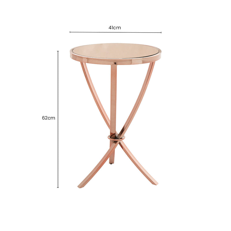 Rose Gold Mirrored Glass Top Round Side Table with Bow-Shaped Metal Legs | Allure