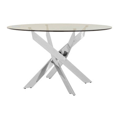 Round Clear Tempered Glass Dining Table with Intersecting Chrome Stainless Steel Legs | Allure