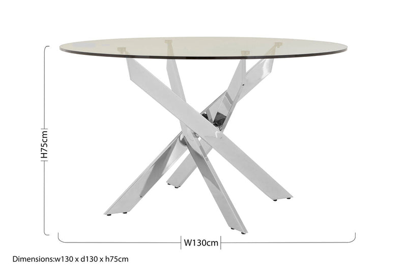 Round Clear Tempered Glass Dining Table with Intersecting Chrome Stainless Steel Legs | Allure