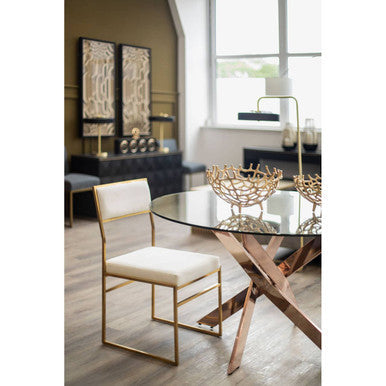 Round Tempered Glass Top Dining Table with Rose Gold Latticed Legs | Allure