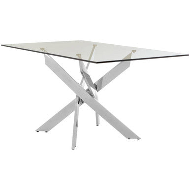 Rectangular Tempered Glass Top Dining Table with Intersecting Silver Chrome Base | Allure