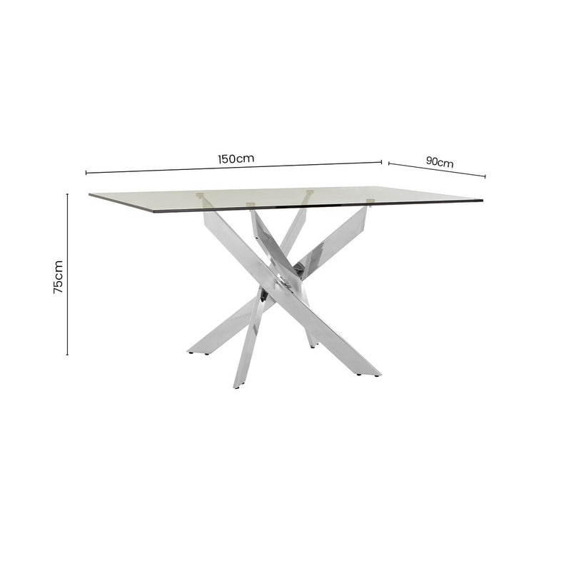 Rectangular Tempered Glass Top Dining Table with Intersecting Silver Chrome Base | Allure