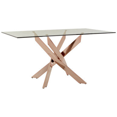 Rectangular Tempered Glass Top Dining Table with Intersecting Rose Gold Stainless Steel Base | Allure
