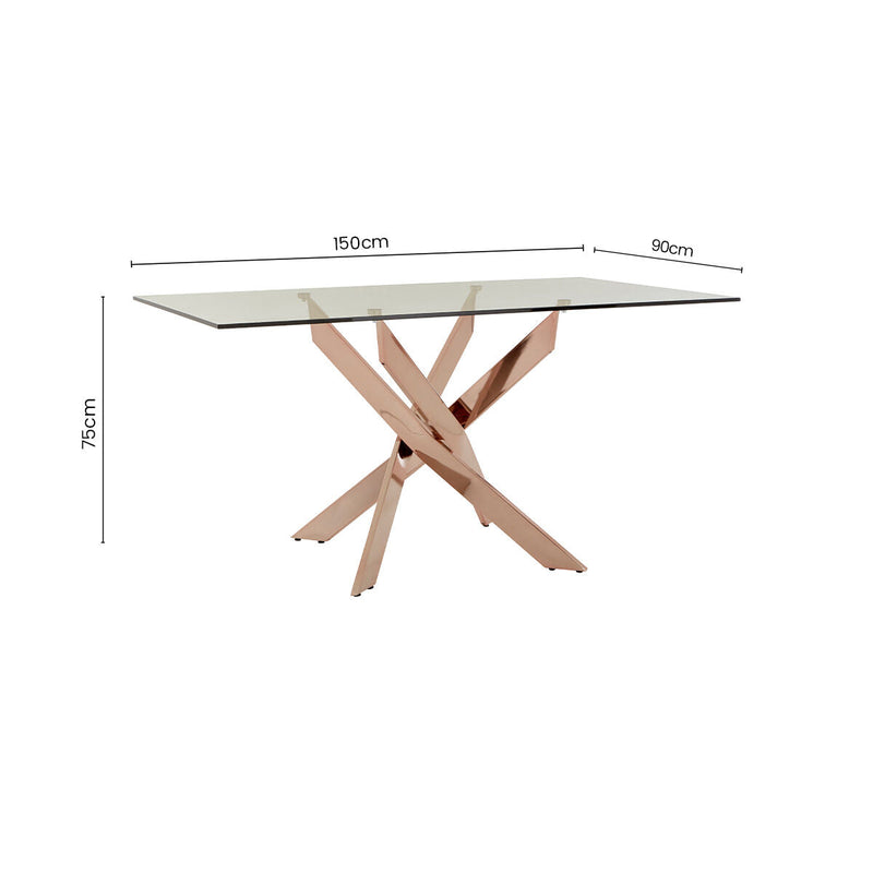 Rectangular Tempered Glass Top Dining Table with Intersecting Rose Gold Stainless Steel Base | Allure