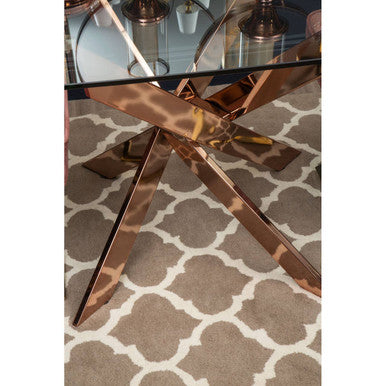Rectangular Tempered Glass Top Dining Table with Intersecting Rose Gold Stainless Steel Base | Allure
