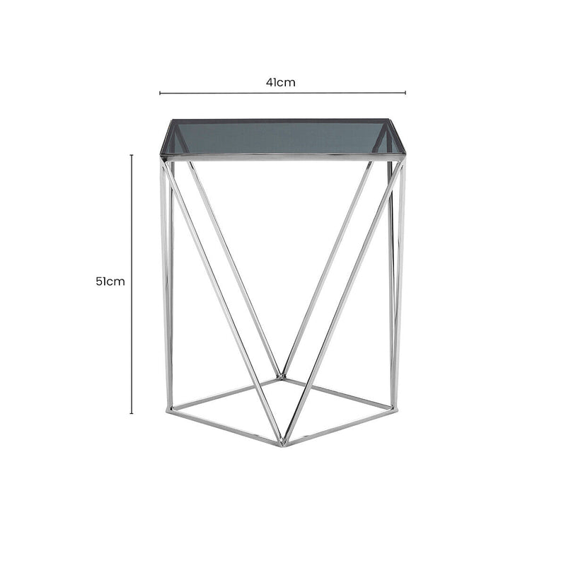 Black Square Tempered Glass Top Prism Side Table with Polished Stainless Steel Base | Shalimar