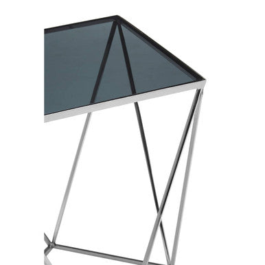Black Square Tempered Glass Top Prism Side Table with Polished Stainless Steel Base | Shalimar
