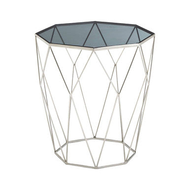 Silver Tempered Glass Top Octagonal Side Table with Stainless Steel Legs | Shalimar