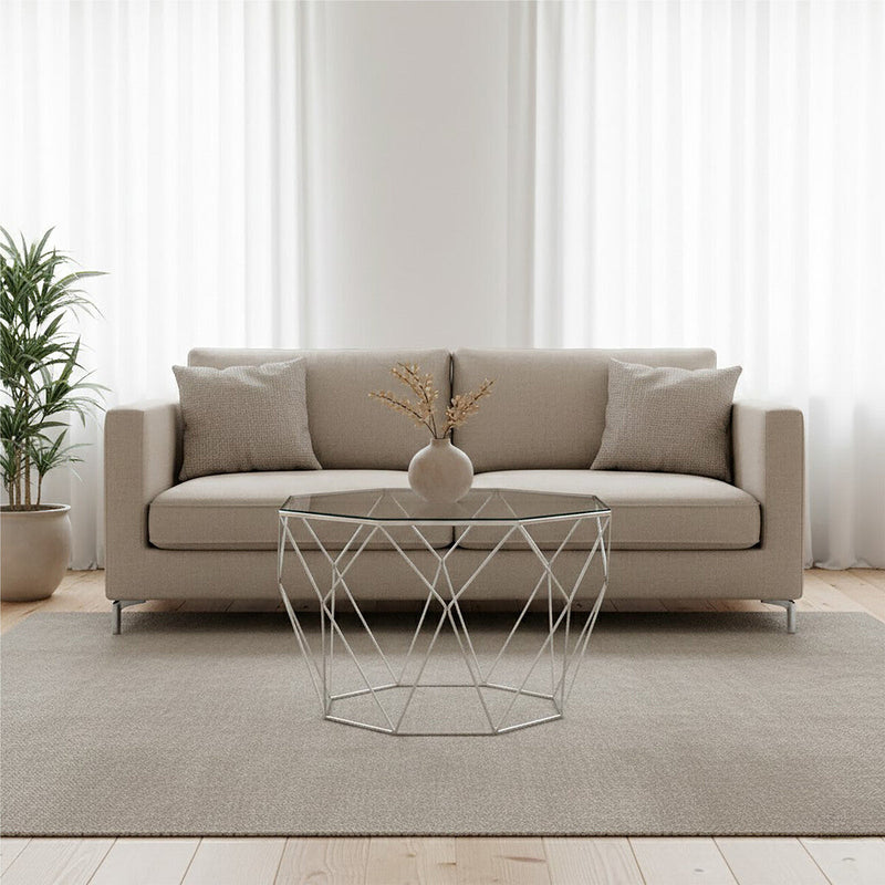 Tempered Glass Top Octagonal Coffee Table with Silver Metal Base | Shalimar