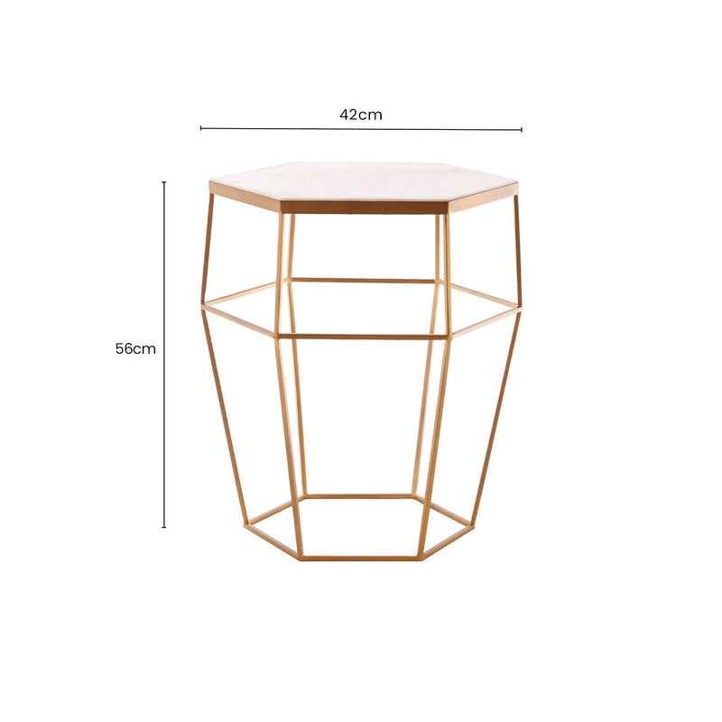 Hexagonal White Marble Top Side Table with Gold Iron Wireframe Base | Shalimar