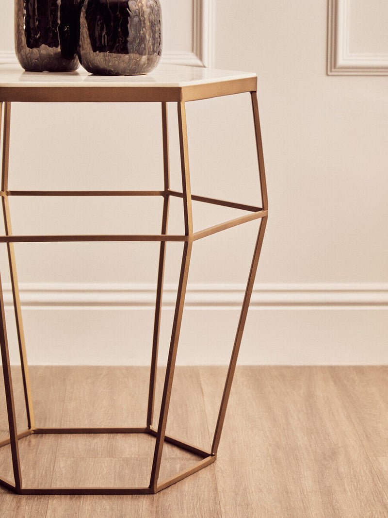 Hexagonal White Marble Top Side Table with Gold Iron Wireframe Base | Shalimar