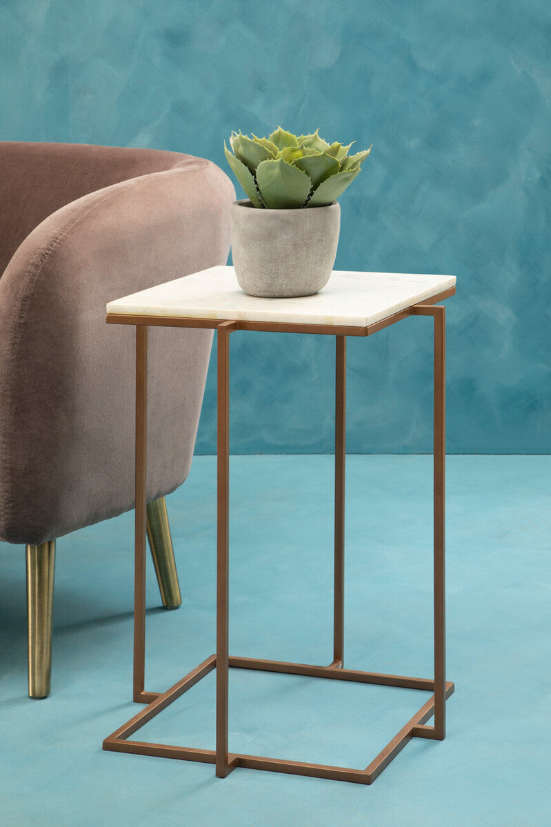 White Marble Top Side Table with Gold Finish Iron Legs | Shalimar