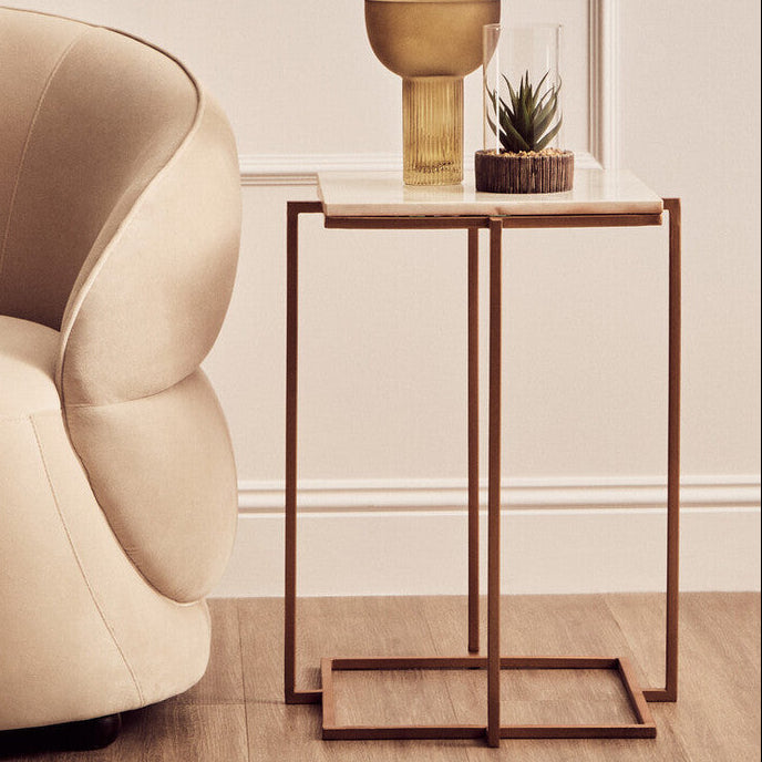 White Marble Top Side Table with Gold Finish Iron Legs | Shalimar