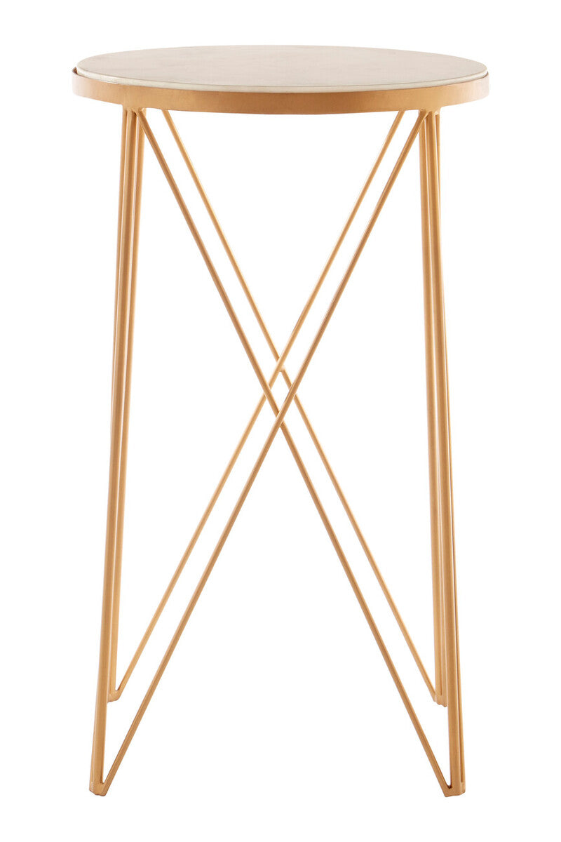 White Round Marble Top Boutique Style Side Table with Gold Latticed Legs | Shalimar