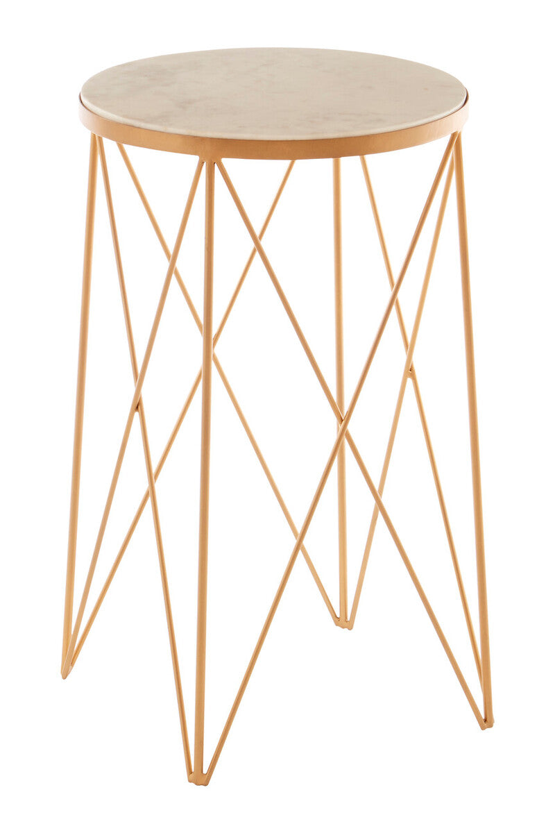White Round Marble Top Boutique Style Side Table with Gold Latticed Legs | Shalimar
