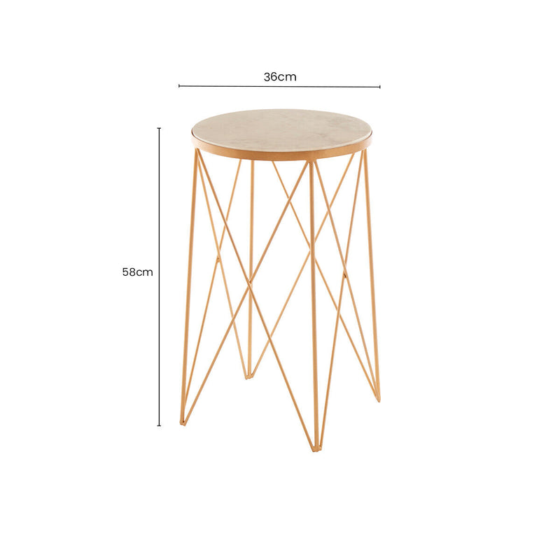 White Round Marble Top Boutique Style Side Table with Gold Latticed Legs | Shalimar
