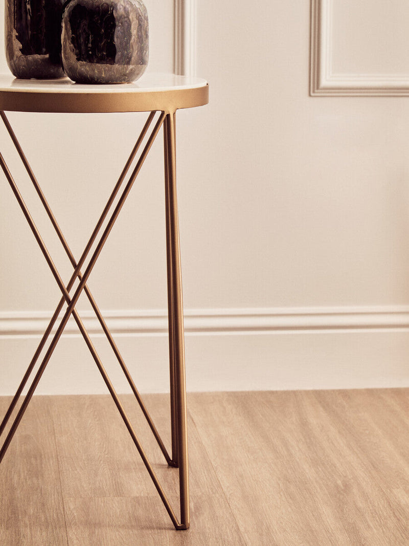 White Round Marble Top Boutique Style Side Table with Gold Latticed Legs | Shalimar