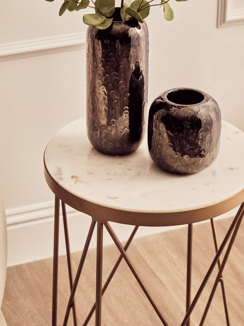 White Round Marble Top Boutique Style Side Table with Gold Latticed Legs | Shalimar