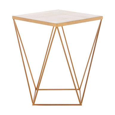 Natural Round Marble Top Side Table with Geometric Gold Metallic Base | Shalimar