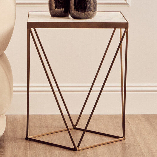 Natural Round Marble Top Side Table with Geometric Gold Metallic Base | Shalimar