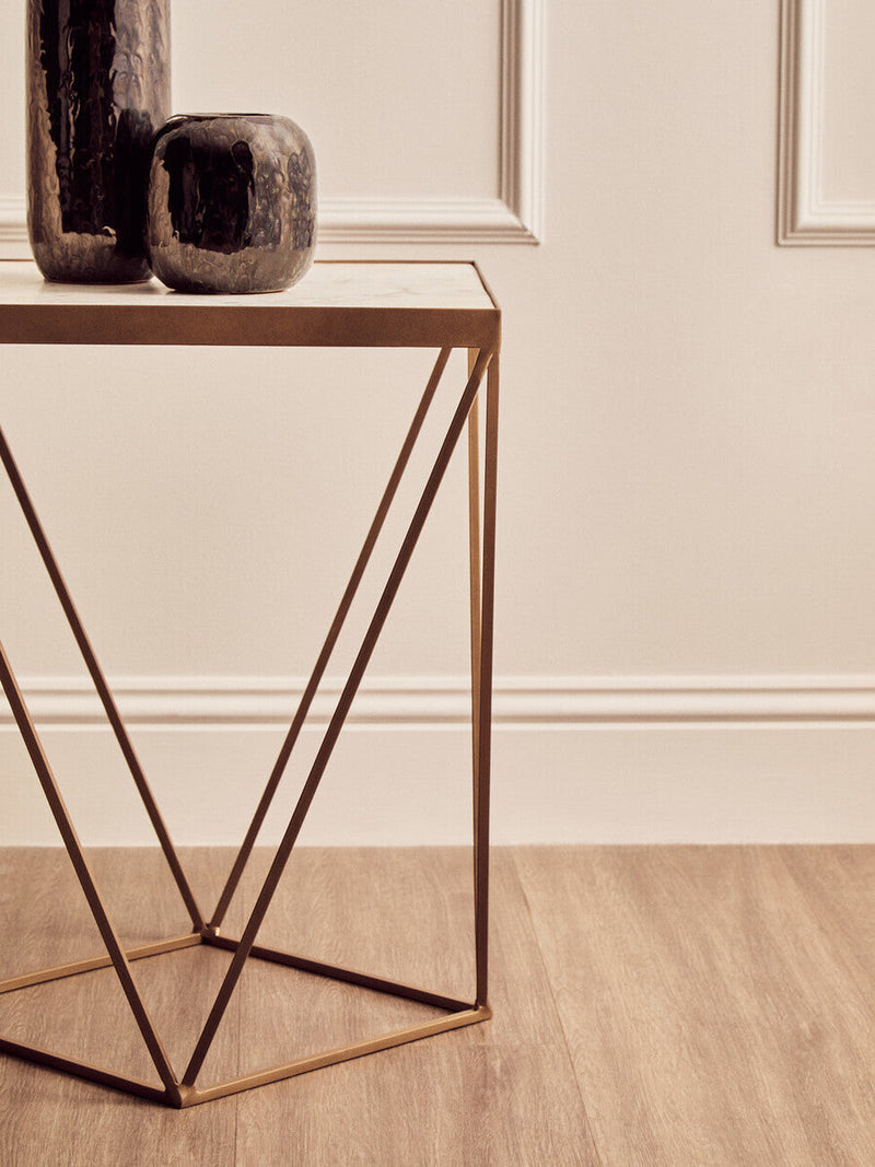 Natural Round Marble Top Side Table with Geometric Gold Metallic Base | Shalimar