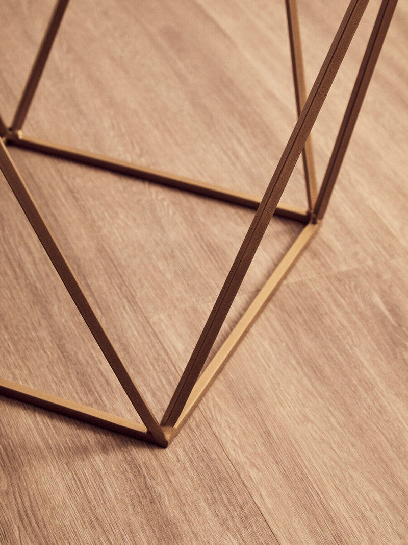 Natural Round Marble Top Side Table with Geometric Gold Metallic Base | Shalimar