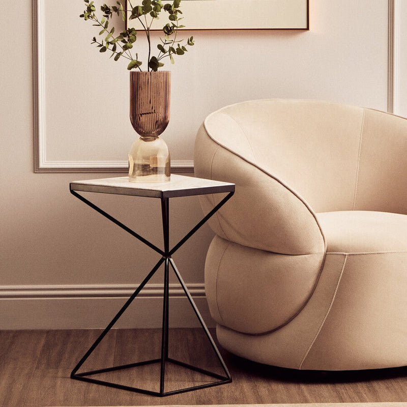 Natural Marble Top Trapezoid Side Table with Matte Black Iron Legs | Shalimar