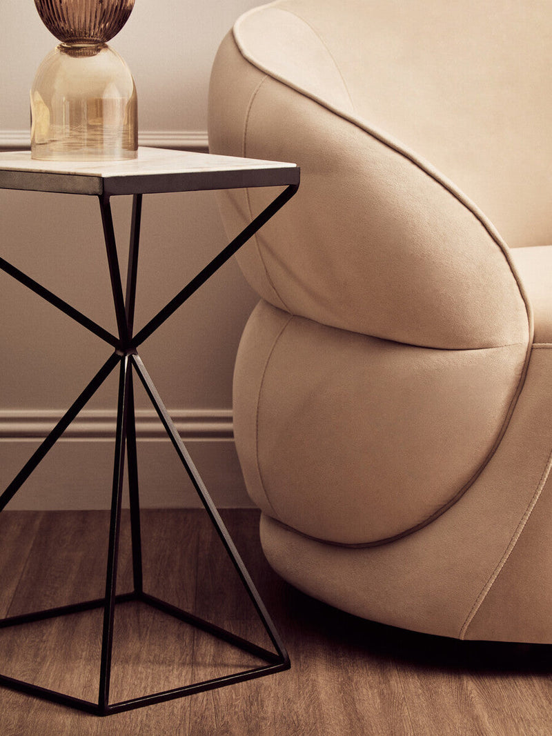 Natural Marble Top Trapezoid Side Table with Matte Black Iron Legs | Shalimar