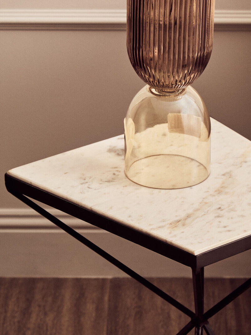 Natural Marble Top Trapezoid Side Table with Matte Black Iron Legs | Shalimar