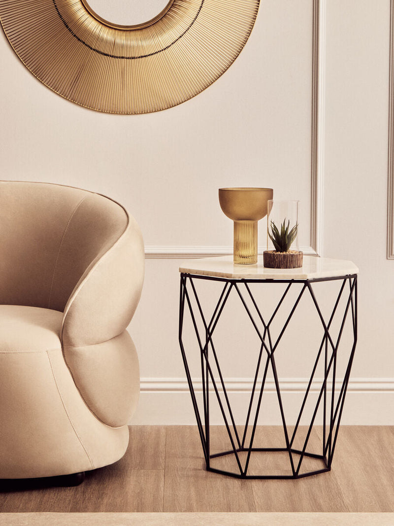 Natural White Octagon Marble Top and Matte Black Steel Legs Side Table | Shalimar