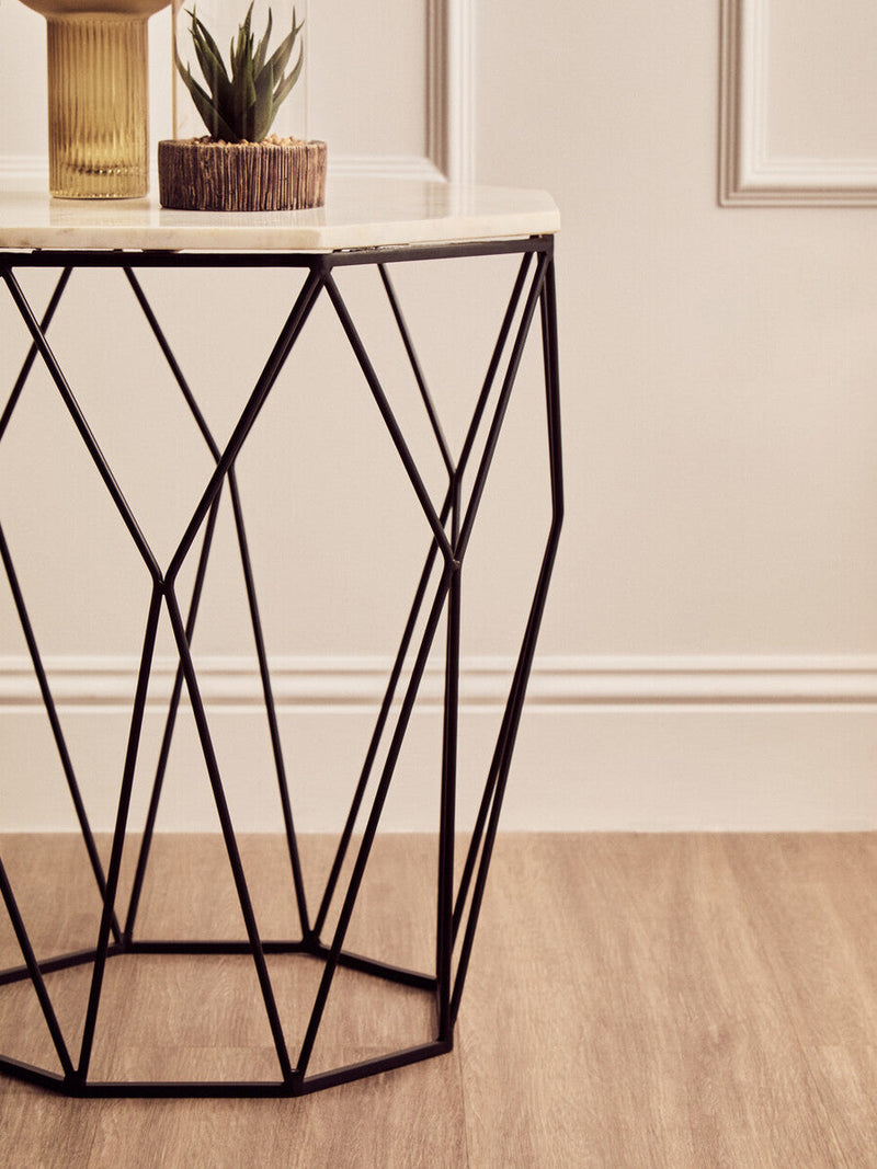 Natural White Octagon Marble Top and Matte Black Steel Legs Side Table | Shalimar