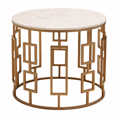 White Marble Top Side Table with Gold Finish Geometric Carousel Frame | Shalimar