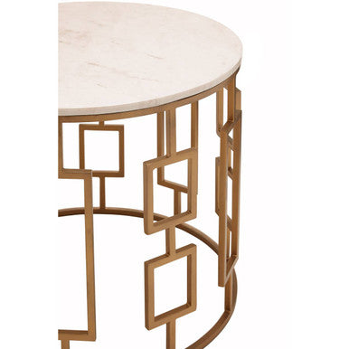 White Marble Top Side Table with Gold Finish Geometric Carousel Frame | Shalimar